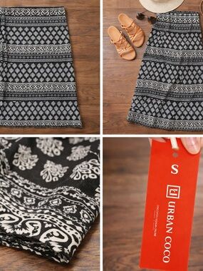 Boho Black & White Printed Maxi Skirt | Fitted Stretch | High Waist | Vacation